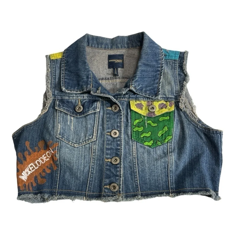 HIGHWAY JEANS Upcycle Blue Front Denim Jean Vest XL Juniors Nickelodeon